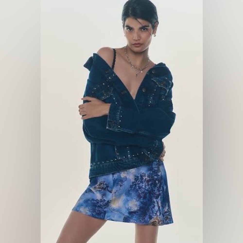 Anthropologie Tilda Mini Slip Skirt Blue Pattern SZ small NWT Floral Feminine